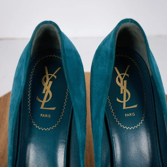 Yves Saint Laurent YSL Tribute Teal Blue Suede Peep Toe Platform Pumps Heels 41 - Picture 5 of 10